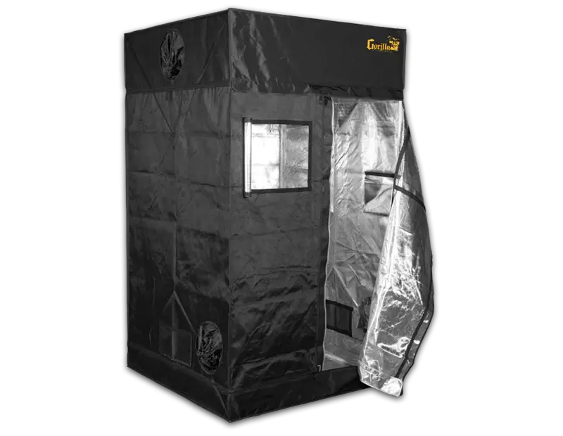 A black Gorilla Grow Tent with one door open, revealing a reflective interior. The tent has multiple ventilation ports and a viewing window.