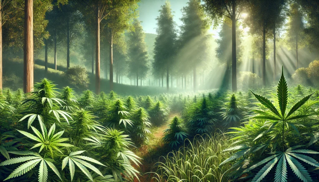 Serene panoramic view of healthy cannabis plants growing in a lush, natural environment with soft light filtering through trees, symbolizing growth, nature, and wellness.