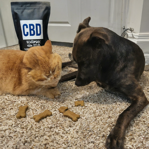  A brown dog and an orange cat sitting on a carpet looking at CBD dog treats.