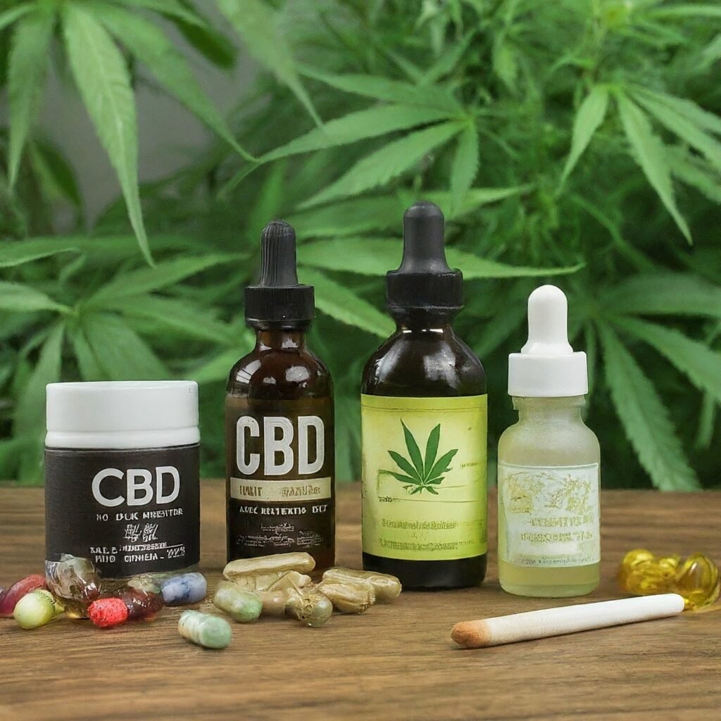 An assortment of CBD products including oils, capsules, and gummies displayed on a wooden table with a backdrop of hemp leaves.