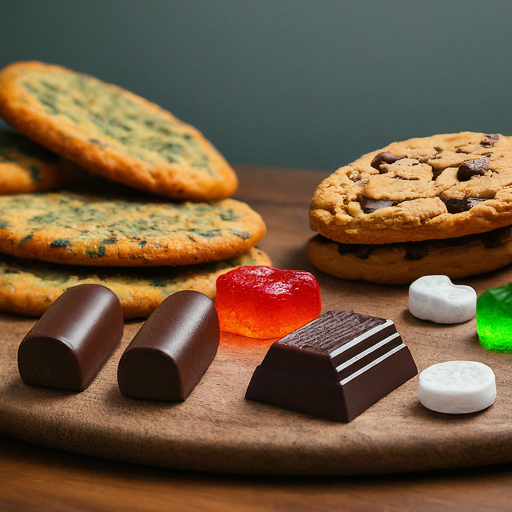 A variety of medicinal cannabis edibles on a wooden board, including cookies, chocolates, gummies, and mints.