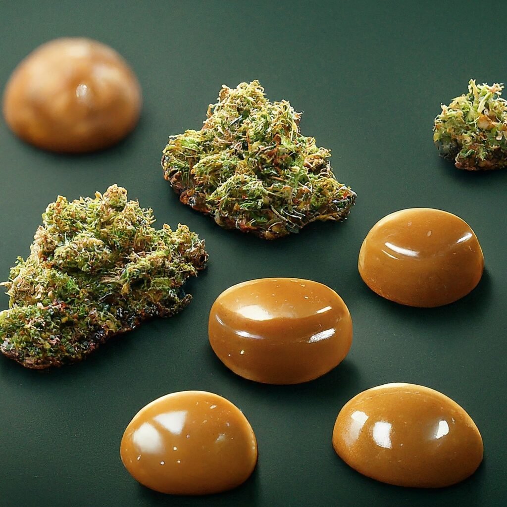 Several cannabis buds and round, caramel-colored edibles arranged on a dark green background.