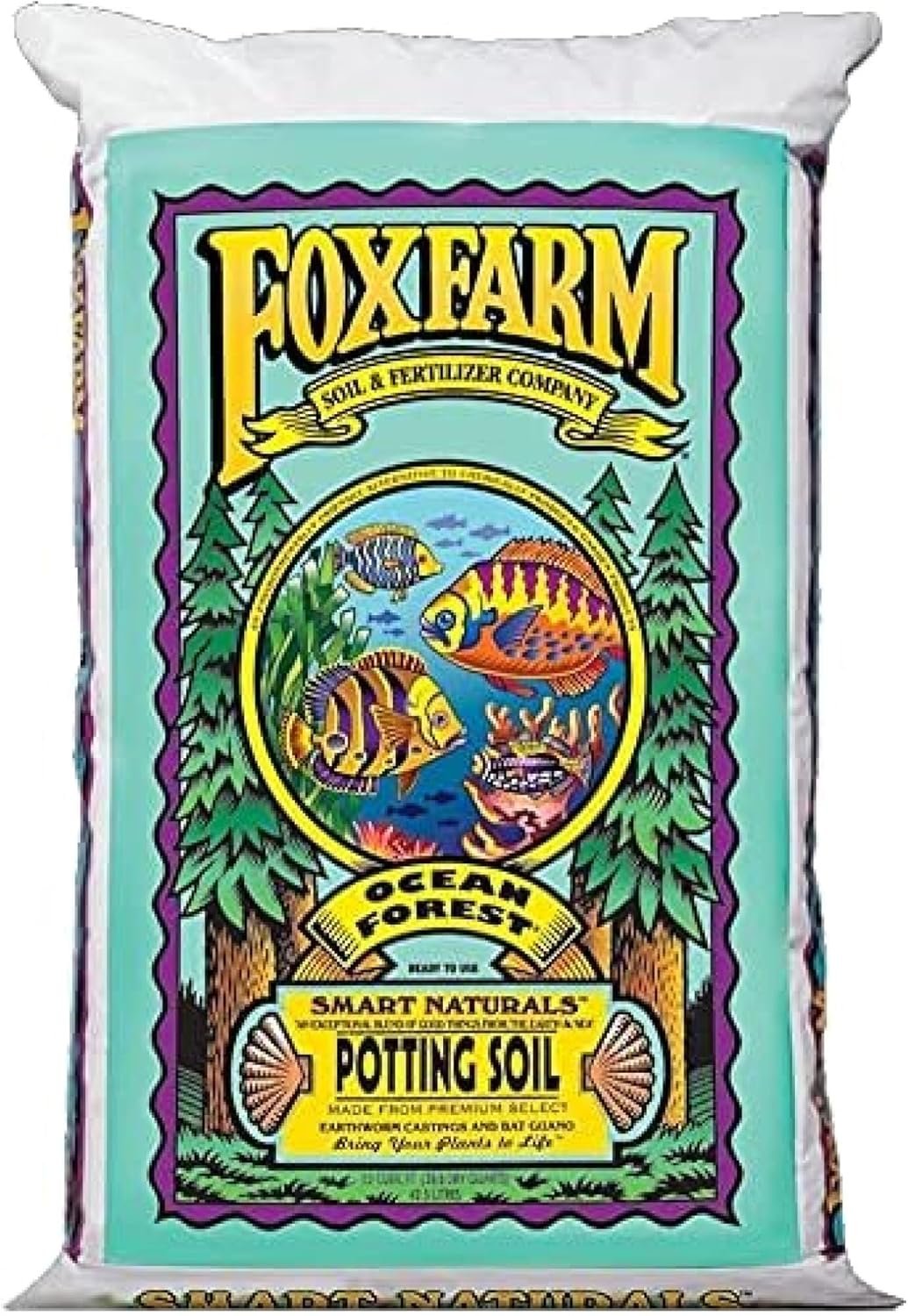 A bag of FoxFarm Ocean Forest Potting Soil, featuring a colorful label with ocean-themed illustrations and product information.