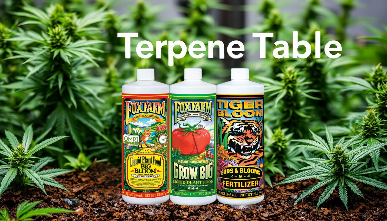 Three bottles of FoxFarm fertilizer (Big Bloom, Grow Big, and Tiger Bloom) displayed in front of cannabis plants.