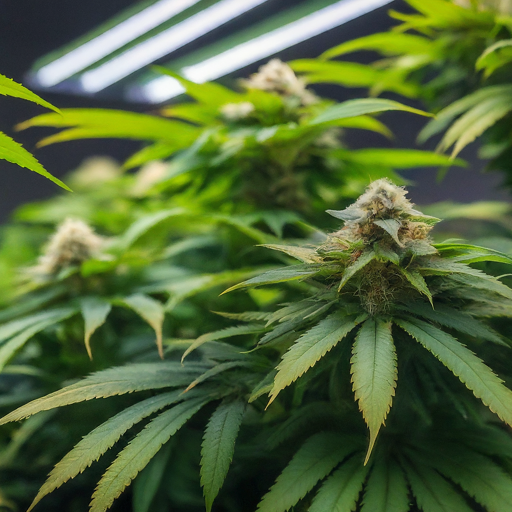 A close-up photo of several vibrant green cannabis plants with prominent buds, bathed in the warm glow of LED grow lights. The plants are in various stages of growth, showcasing the effectiveness of indoor cultivation techniques.