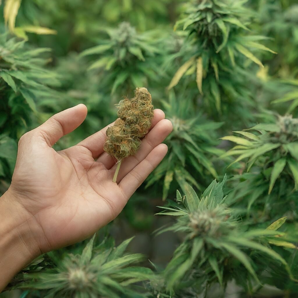 A person proudly holding a freshly harvested cannabis bud, surrounded by a thriving cannabis garden.