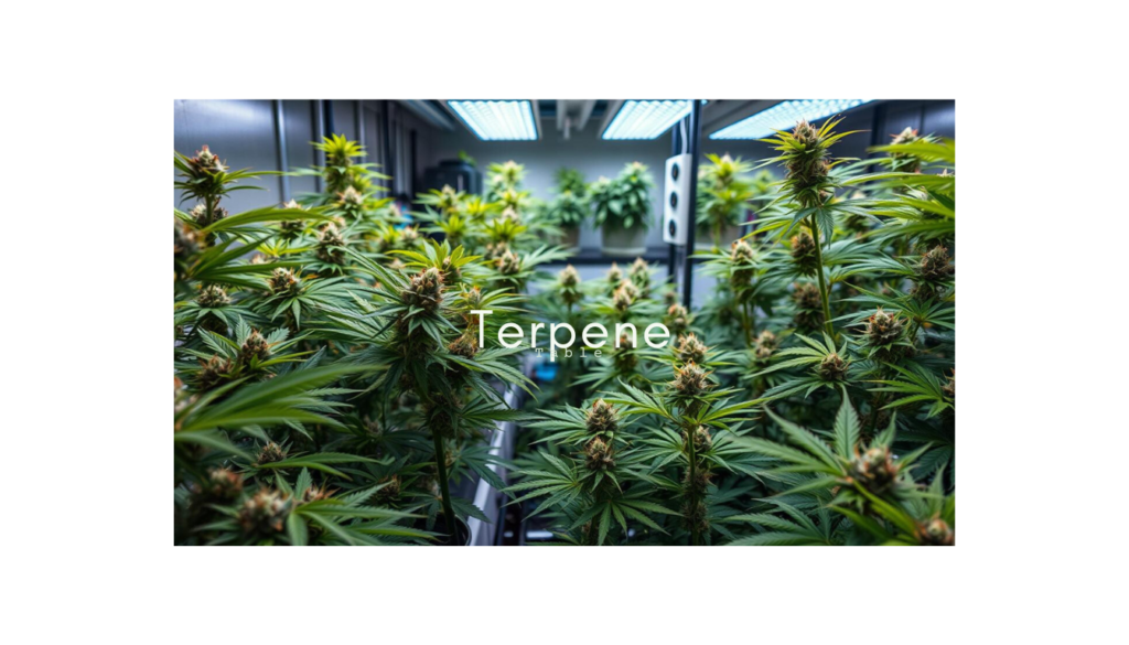 Lush, green cannabis plants with prominent buds growing under bright LED lights in an indoor grow room. The word "Terpene" is superimposed on the image.