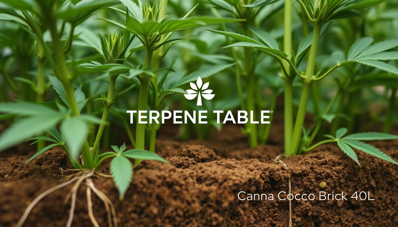 Lush green cannabis plants growing in a field of coco coir with the "Terpene Table" logo and "Canna Coco Brick 40L" text displayed.