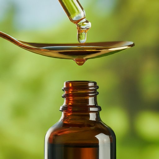 A dropper filled with golden CBD oil is poised above a spoon, a single drop about to fall. An amber bottle sits below, ready to catch any overflow.