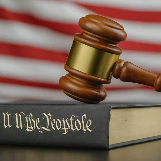 A wooden gavel rests on a black book with the words "We the People" inscribed in gold. The American flag is blurred in the background.