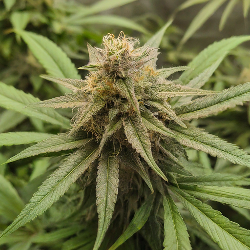 A mature cannabis plant in the flowering stage, with large, dense buds covered in white trichomes. The plant is growing in a grow tent under artificial lights.