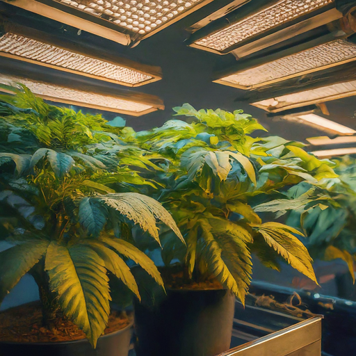 Indoor cannabis plants growing under bright LED grow lights.