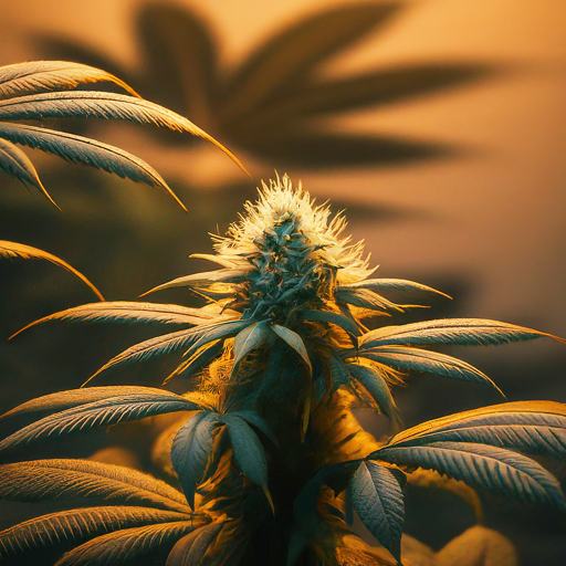  Close-up of a flowering cannabis plant with a prominent bud illuminated by warm light.