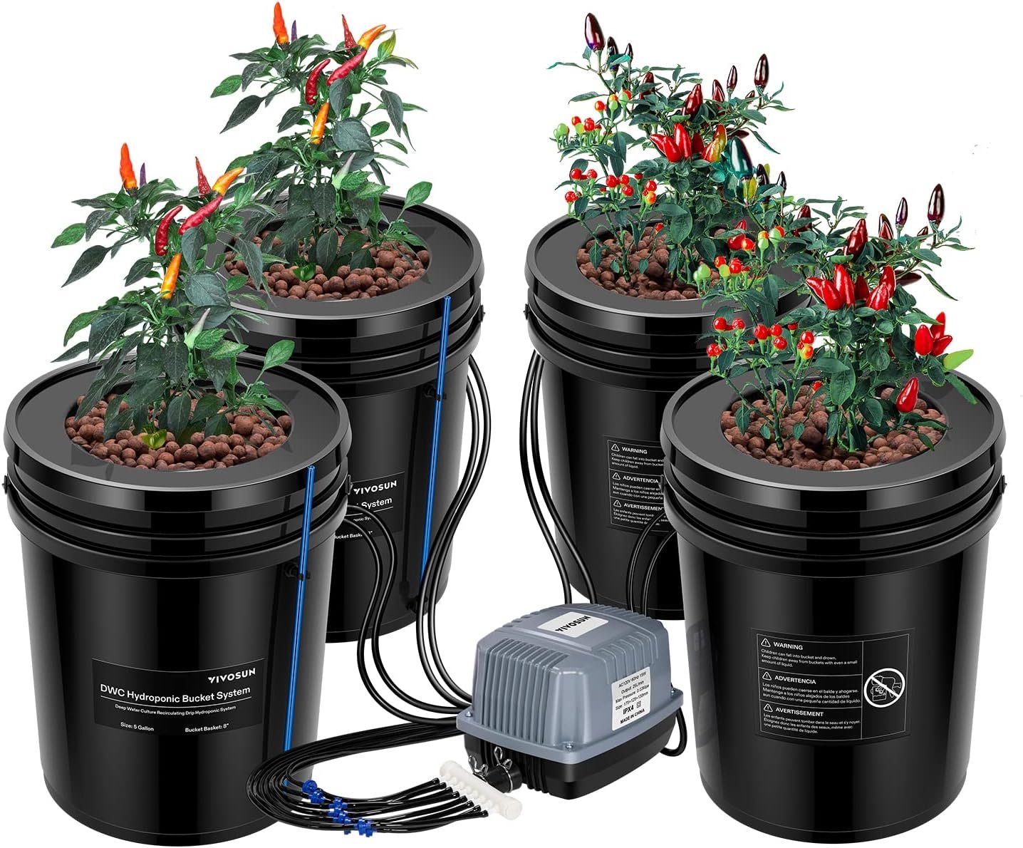 VIVOSUN DWC Hydroponics Grow System with 4 black buckets, plants, air pump, and tubing.