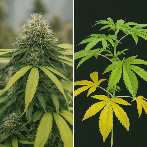 Side-by-side comparison of a healthy cannabis plant with vibrant green leaves and a flowering top, and a cannabis plant exhibiting nutrient deficiency with yellowing leaves.