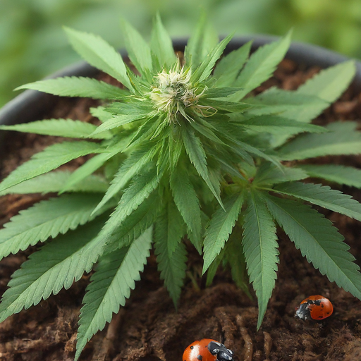 A young cannabis plant growing in a pot of soil with two ladybugs nearby.