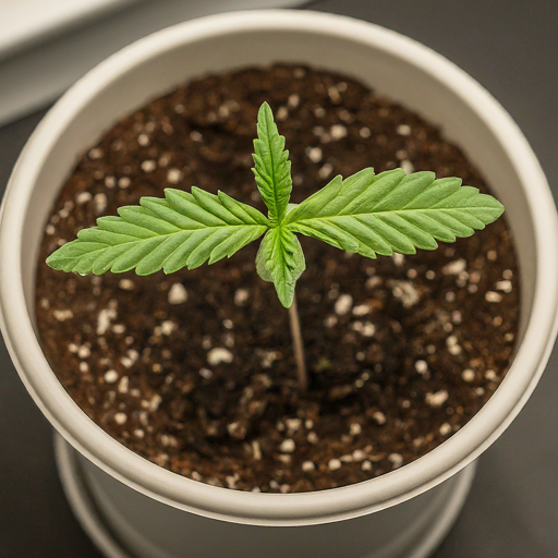 A young cannabis plant with two sets of true leaves, growing in a pot of soil under bright lights. The plant has a thin stem and delicate leaves.