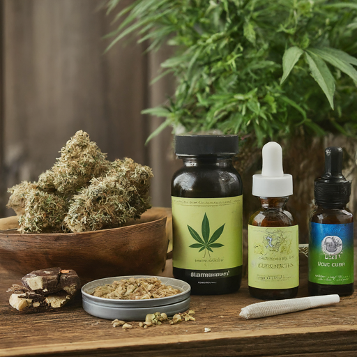  An assortment of cannabis products on a wooden table, including dried flower buds, CBD oil tinctures, capsules, and a pre-rolled joint.