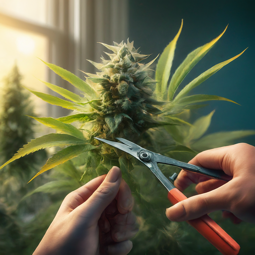 A close-up of hands using pruning shears to carefully trim a cannabis bud on a plant. Sunlight streams in from a nearby window, illuminating the scene.