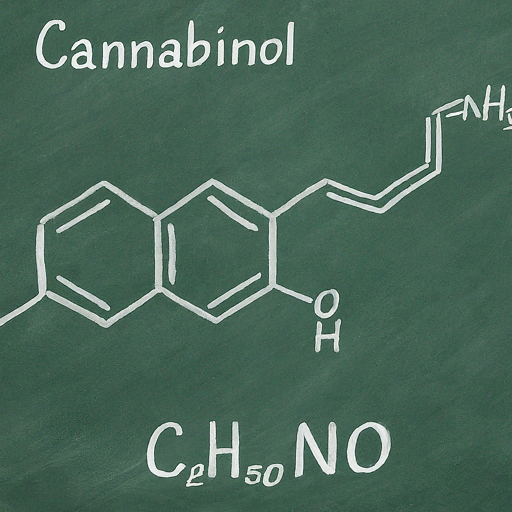 Chalk drawing of the chemical structure of Cannabinol (CBN) on a green chalkboard.