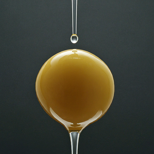 A single drop of clear liquid falling from a dropper into a rounded glass container filled with a golden liquid against a dark background.