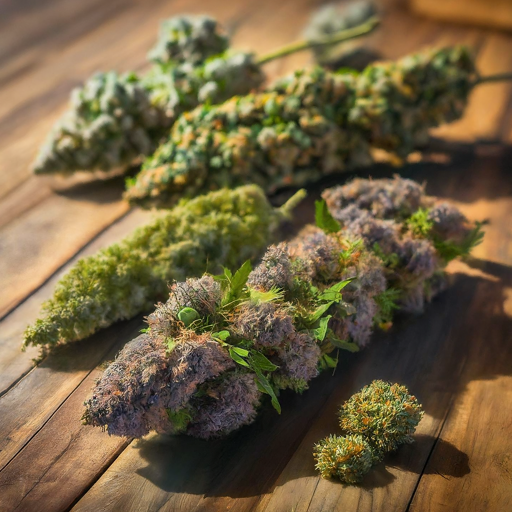 A variety of dried cannabis buds displayed on a wooden table, showcasing different colors and textures.