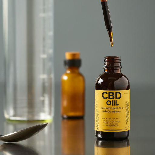 A dropper filled with CBD oil is poised above a small amber bottle labeled "CBD Oil." A graduated cylinder and a spoon are visible in the blurred background.